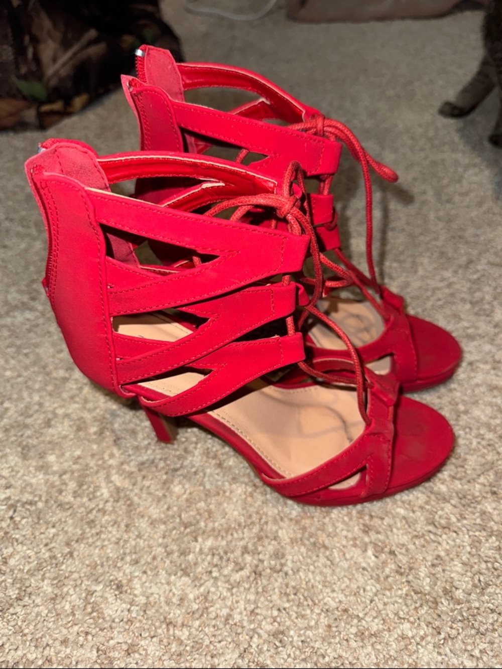 Red Lace-Up Strappy High Heel Sandals - Women's